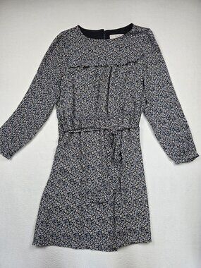 Loft Petites 12P Floral Print Black & Blue Long Sleeve Tie Waist Dress